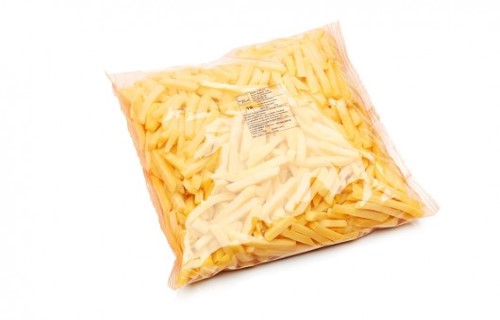 Verticale flowpack (VFFS) zak met verse aardappelfriet — flowpackfolie voor stortgoed