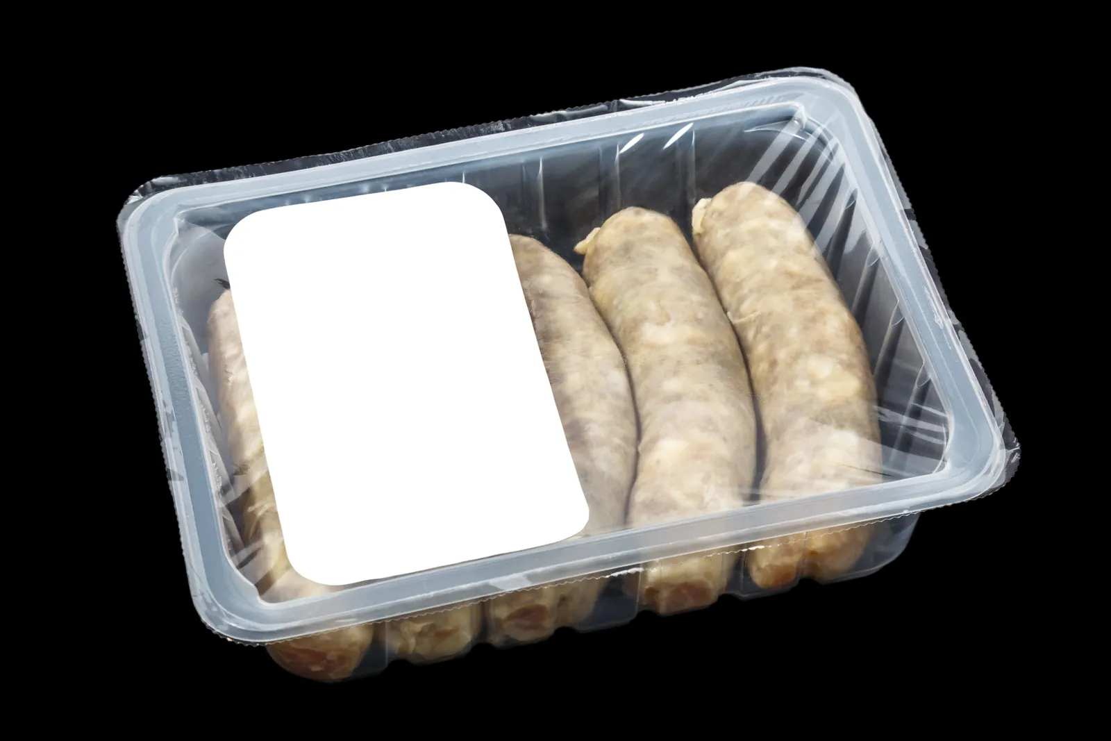 Peelable topsealfolie op een schaal met worsten — makkelijk te openen verpakking